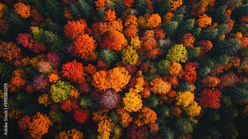  dense forest in the peak of autumn, with vibrant orange, red, and yellow leaves covering the trees