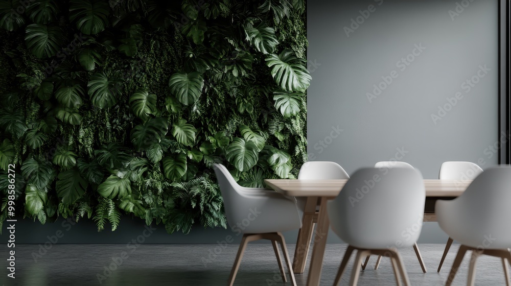 A modern dining space highlighted by a lush green plant wall, featuring a wooden table and white chairs, creating a harmonious and stylish atmosphere perfect for dining. A modern dining space highlighted by a lush green plant wall, featuring a wooden table and white chairs, creating a harmonious and stylish atmosphere perfect for dining.