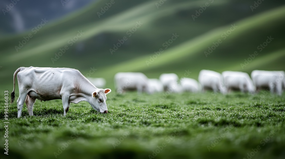 A single cow is grazing in a lush green pasture, with a background of rolling hills and other cows, evoking the tranquility of rural life and the simplicity of natural landscapes. A single cow is grazing in a lush green pasture, with a background of rolling hills and other cows, evoking the tranquility of rural life and the simplicity of natural landscapes.