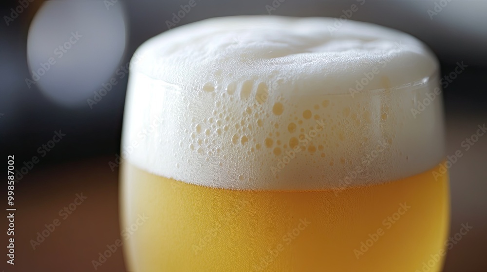Close-up of golden yellow beer with a rich white foam head, highlighting its refreshing, frothy texture Close-up of golden yellow beer with a rich white foam head, highlighting its refreshing, frothy texture
