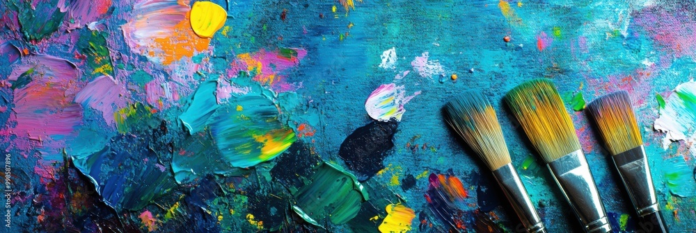 Fototapeta premium Bright splashes of color cover a painter's palette, while paintbrushes lie next to a canvas filled with expressive abstract strokes. Generative AI