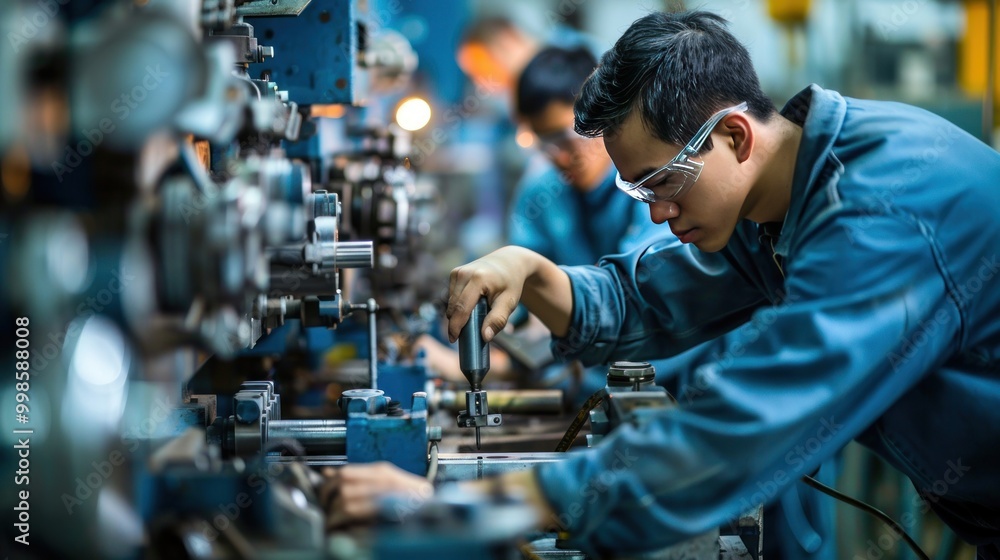 Engineer working at industrial machinery in factory. Manual workers cooperating while measuring a electronic. Engineer working at industrial machinery in factory. Manual workers cooperating while measuring a electronic.