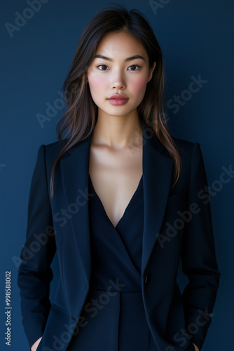  Close-up of an Asian woman in a business blazer, posing for a formal job application photo. 