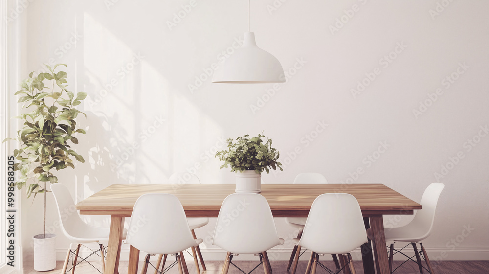 A minimalist dining room setup with a narrow wooden dining table, white modern chairs, and an elegant pendant light. The setting is simple yet sophisticated, with open, airy vibes A minimalist dining room setup with a narrow wooden dining table, white modern chairs, and an elegant pendant light. The setting is simple yet sophisticated, with open, airy vibes
