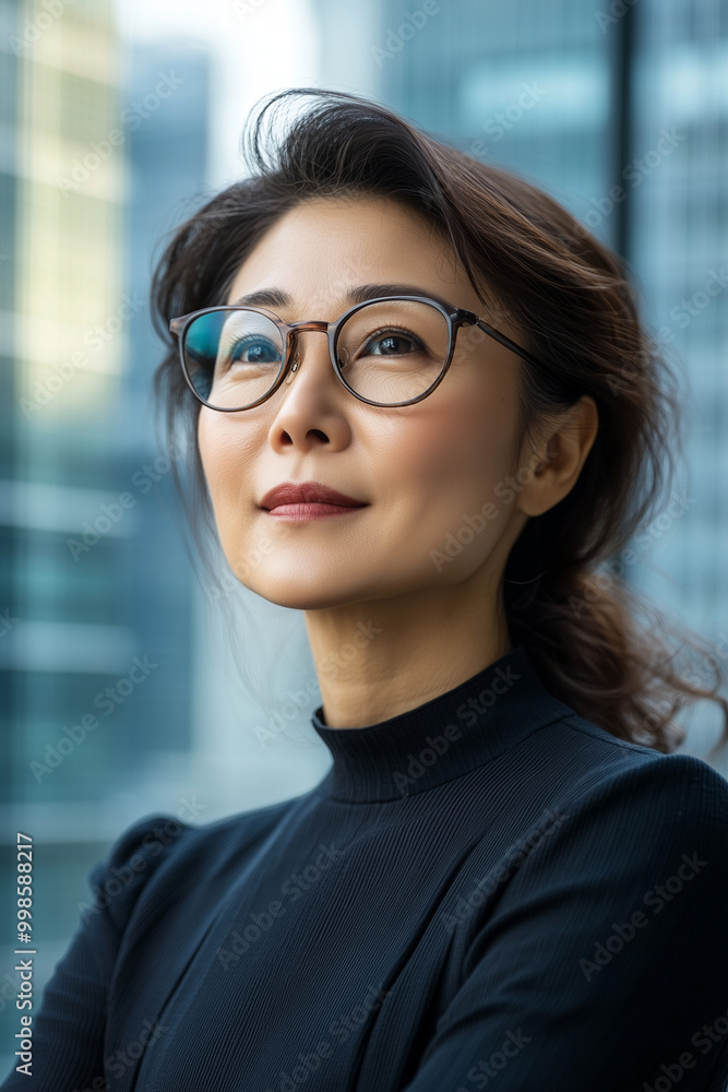 Close-up of a middle-aged Asian female executive, standing tall with her hands clasped in front of her. The backdrop of modern skyscrapers highlights her authority and leadership Close-up of a middle-aged Asian female executive, standing tall with her hands clasped in front of her. The backdrop of modern skyscrapers highlights her authority and leadership