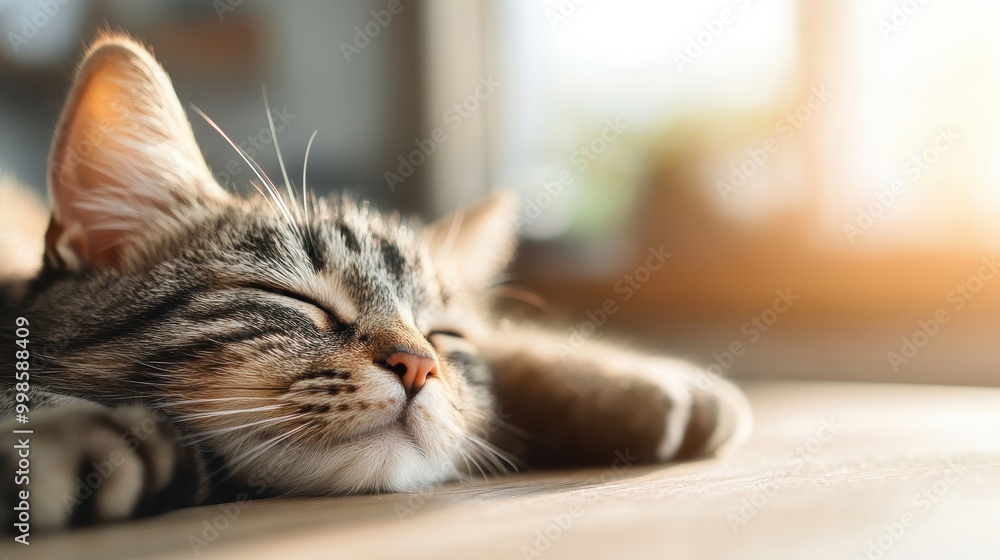 A content and relaxed cat peacefully sleeps on a surface, warmly basking in the natural sunlight that streams in, creating a tranquil and cozy atmosphere. A content and relaxed cat peacefully sleeps on a surface, warmly basking in the natural sunlight that streams in, creating a tranquil and cozy atmosphere.
