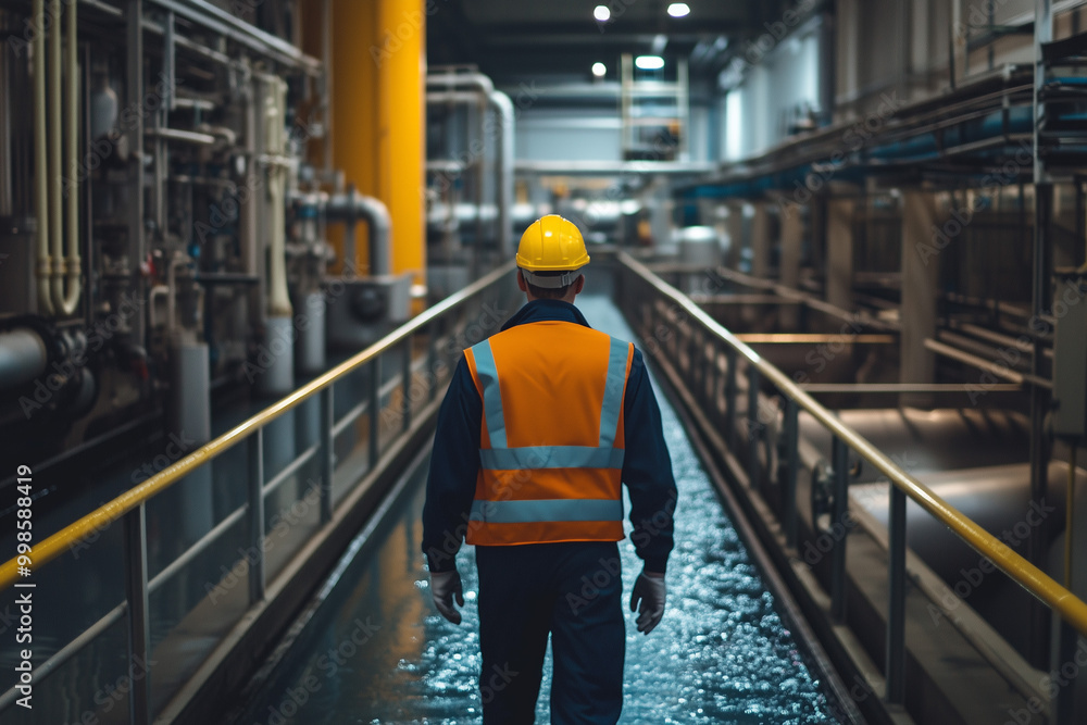 A factory worker yellow at the Waterhouse water treatment walking from the middle back side view A factory worker yellow at the Waterhouse water treatment walking from the middle back side view