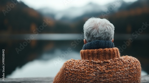 A person with grey hair wearing a cozy knit sweater, admires the calm and pristine lake surrounded by misty mountains and autumn foliage, embodying peace and tranquility. photo