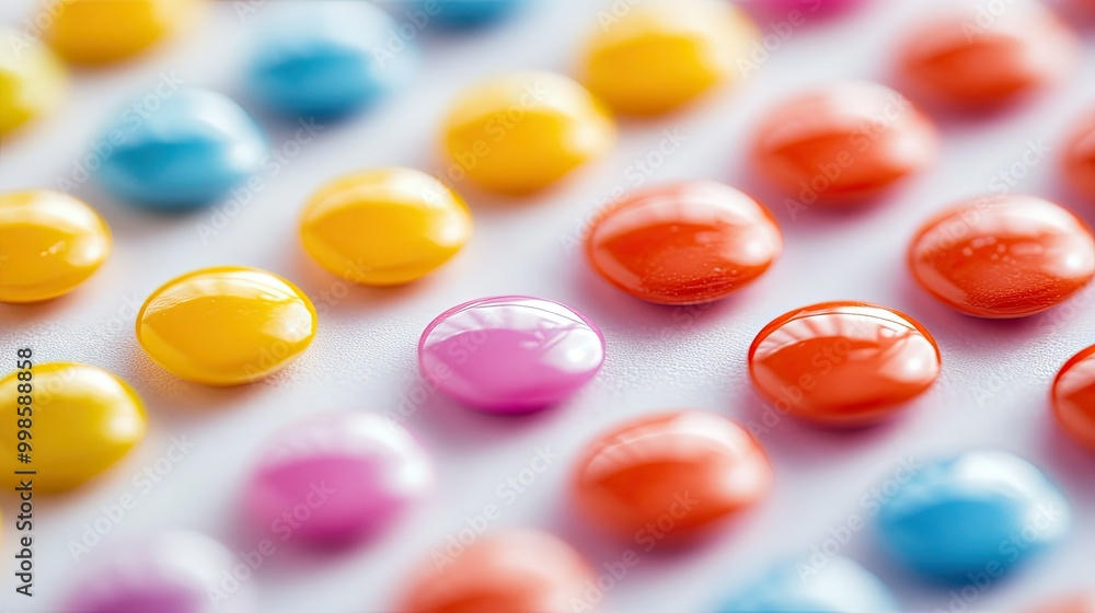 Colorful candy buttons on a strip of paper, their bright dots forming a playful and nostalgic pattern in a close-up shot