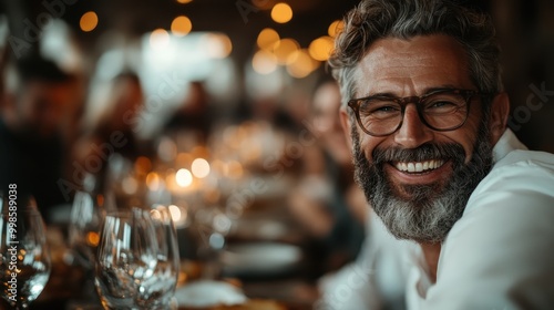 A bearded man wearing glasses joyfully smiles in a warmly lit dinner setting, surrounded by blurred lights, conveying a sense of happiness and togetherness.