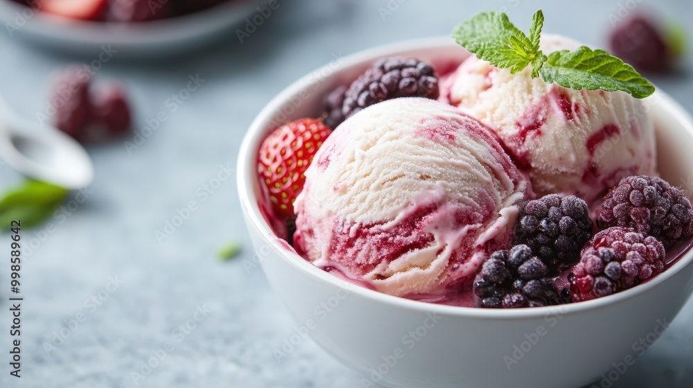 A bowl of vanilla ice cream served with a mix of raspberries, blackberries, and strawberries, garnished with a mint sprig, making a perfect summer dessert. A bowl of vanilla ice cream served with a mix of raspberries, blackberries, and strawberries, garnished with a mint sprig, making a perfect summer dessert.