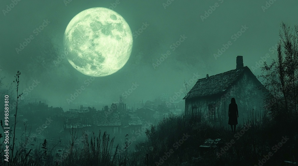 this Full moon illuminating a quiet village at night, with a silhouette of a person in the dark. this Full moon illuminating a quiet village at night, with a silhouette of a person in the dark.