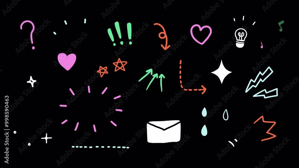 Cute doodle icons, wiggle animation stickers: question marks, arrows, stars, sparkles, light bulb, heart, music notes, surprised, clean colorful line on a transparent background, alpha channel	