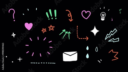 Cute doodle icons, wiggle animation stickers: question marks, arrows, stars, sparkles, light bulb, heart, music notes, surprised, clean colorful line on a transparent background, alpha channel	 photo