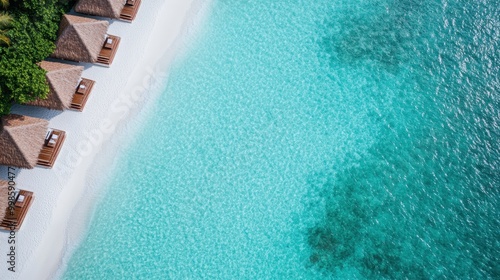 An aerial shot of overwater bungalows adjacent to a pristine white sandy beach, set in crystal-clear waters, offering an exclusive and picturesque holiday experience. photo