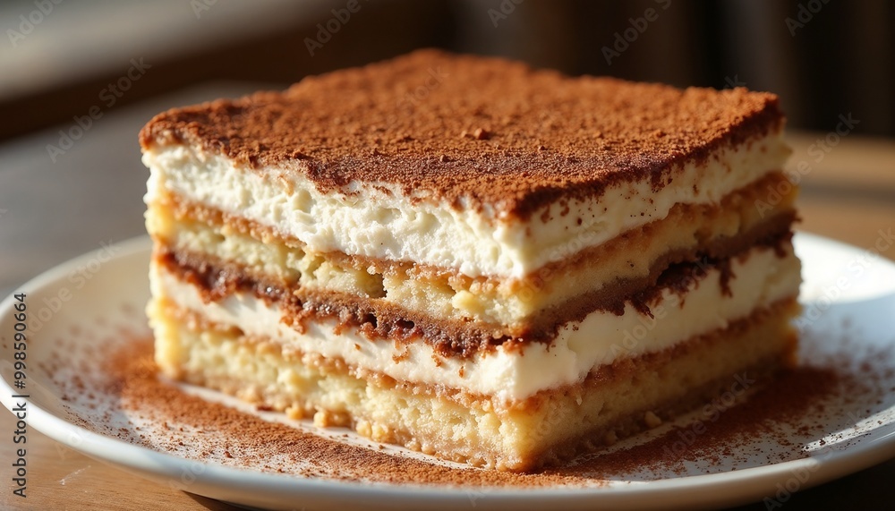 Decadent Tiramisu Slice with Rich Layers and Cocoa Dusting on White Plate Decadent Tiramisu Slice with Rich Layers and Cocoa Dusting on White Plate