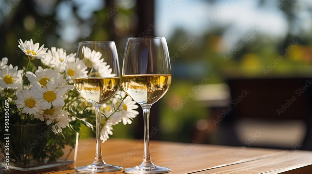 A wine glass with white wine and flowers in the background A wine glass with white wine and flowers in the background