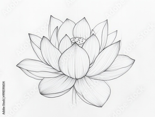 A minimalist line drawing of a lotus flower, with simple, clean lines and no shading, emphasizing the elegance and simplicity of its form