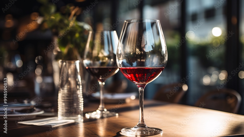 A wine glass with red wine on a dining table A wine glass with red wine on a dining table