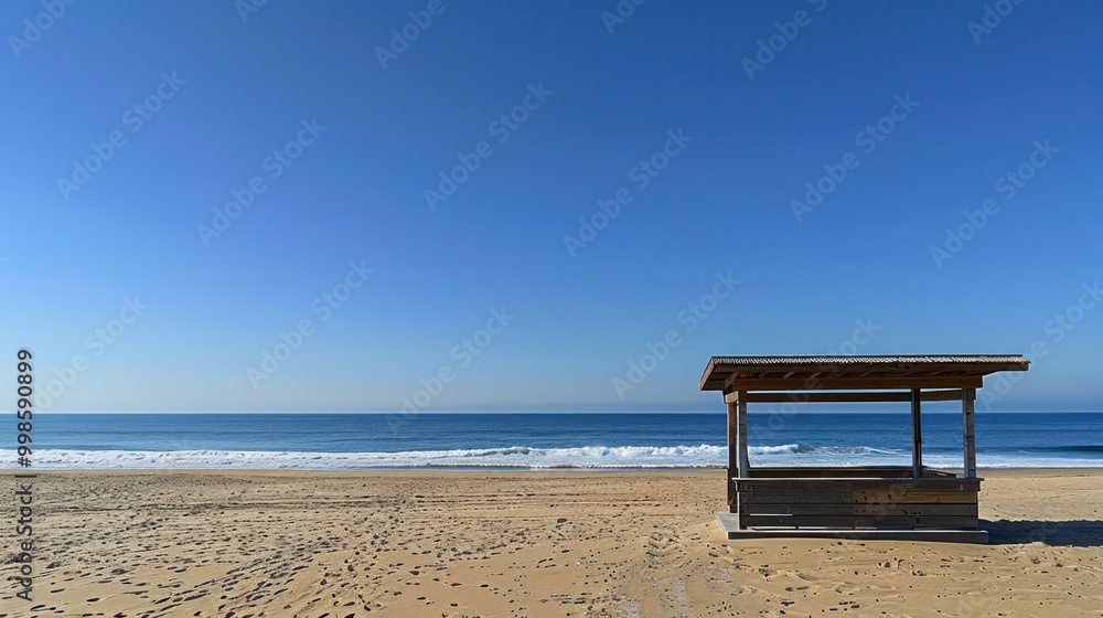 A wooden shelter stands alone on a sandy beach with blue sky and ocean waves in the distance. A wooden shelter stands alone on a sandy beach with blue sky and ocean waves in the distance.