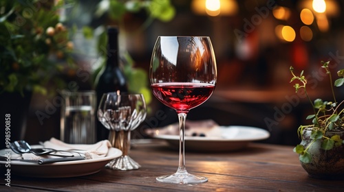 A wine glass with red wine on a dining table