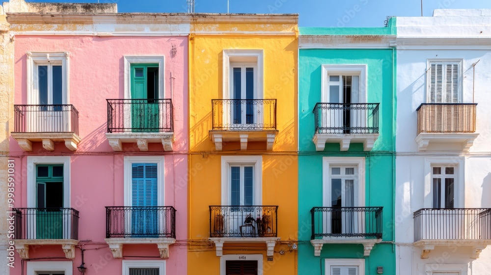 A striking scene featuring three adjacent building facades painted in bright pink, yellow, and turquoise with tidy balconies, exuding a lively and multicolored urban buzz. A striking scene featuring three adjacent building facades painted in bright pink, yellow, and turquoise with tidy balconies, exuding a lively and multicolored urban buzz.