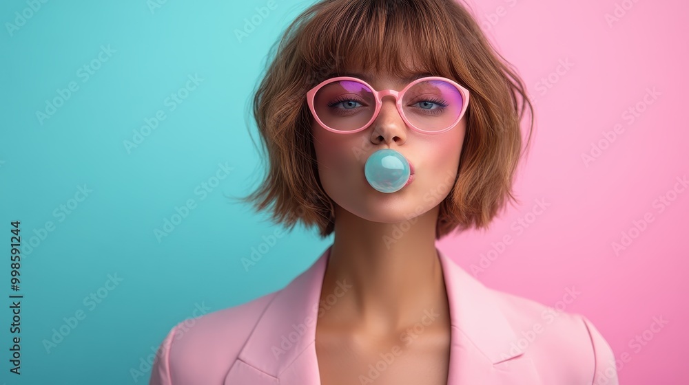 With a playful expression, a woman wearing pink glasses and trendy attire blows bubblegum against a contrasting pink and turquoise backdrop, exuding lively spirit. With a playful expression, a woman wearing pink glasses and trendy attire blows bubblegum against a contrasting pink and turquoise backdrop, exuding lively spirit.