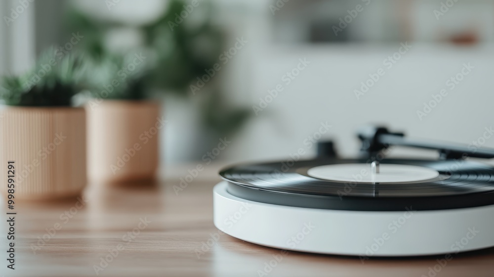 A modern record player spins a vinyl record on a white surface, with two potted plants in the blurred background, blending music with nature. A modern record player spins a vinyl record on a white surface, with two potted plants in the blurred background, blending music with nature.