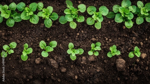  focusing on a single row of young plants emerging from the soil