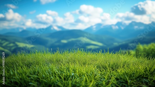 A serene view of lush green grass with mountains and clouds in the background, perfect for nature and landscape themes.