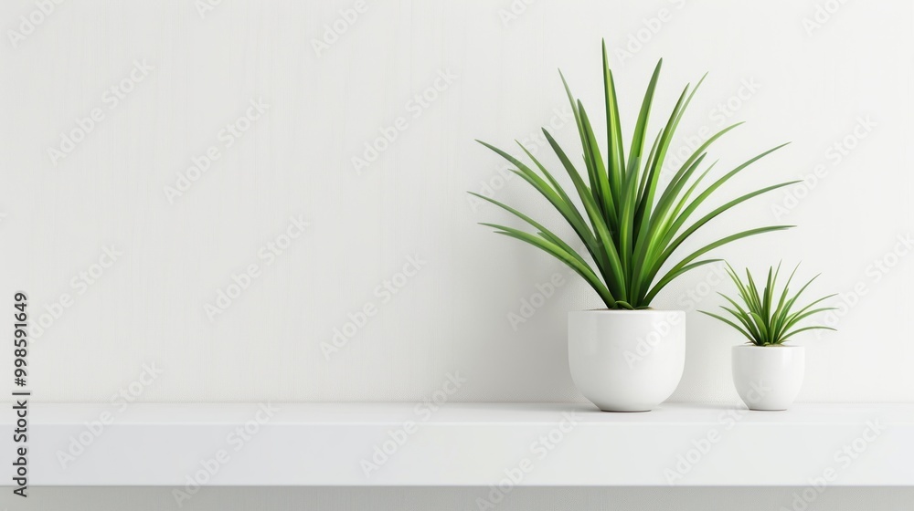 Interior design banner with minimalist houseplant on white shelf, soft background Interior design banner with minimalist houseplant on white shelf, soft background