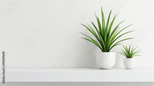 Interior design banner with minimalist houseplant on white shelf, soft background