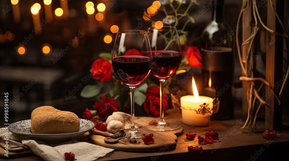 A wine glass with red wine and a romantic dinner setup A wine glass with red wine and a romantic dinner setup