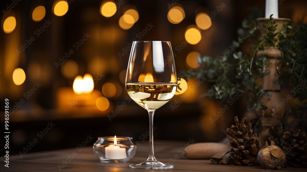 A wine glass with white wine and a candle-lit background A wine glass with white wine and a candle-lit background