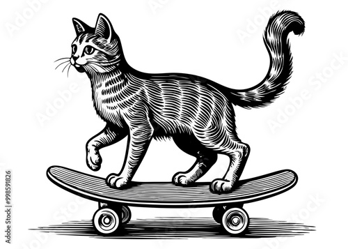 A dynamic illustration of a cat riding a skateboard, perfect for playful and fun designs