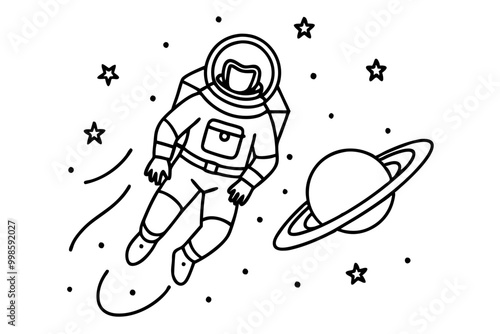 Outer Space Adventure: Astronaut Floating Amidst Stars and Planets Illustration