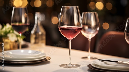 A wine glass with red wine and an elegant table setting