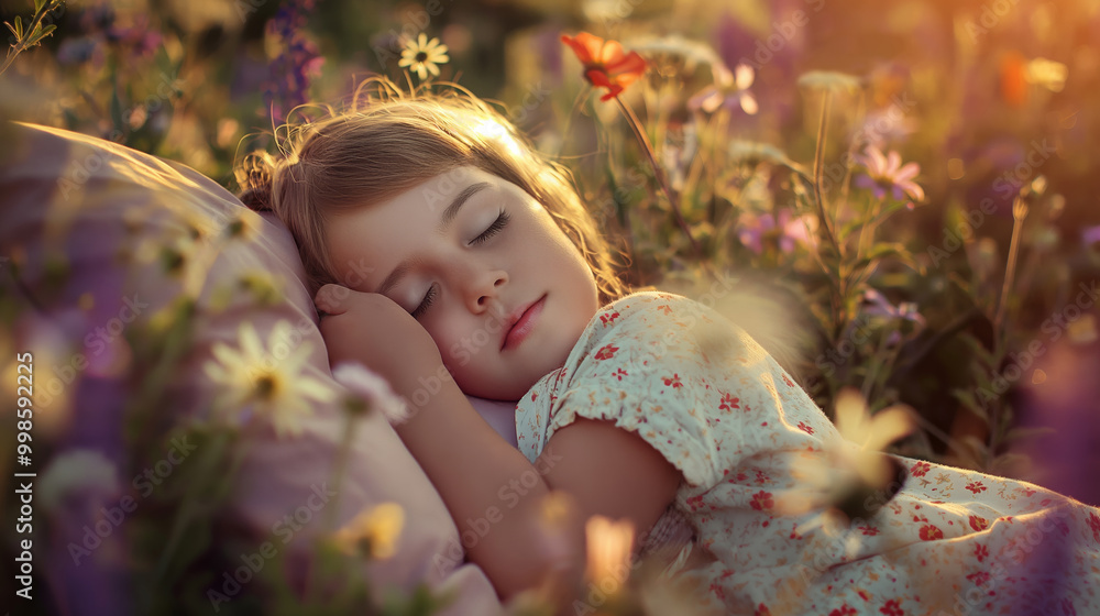 A little girl sleeping on a pillow among wild flowers. A child in pajamas sleep in a flower meadow in the sun rays. A little girl sleeping on a pillow among wild flowers. A child in pajamas sleep in a flower meadow in the sun rays.