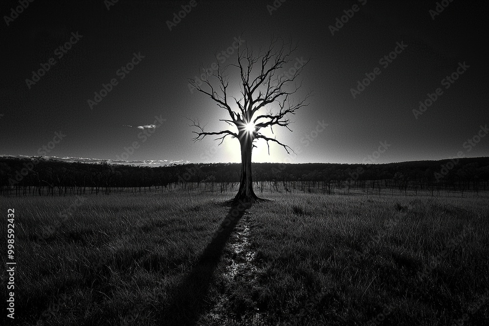 Dramatic black and white capture of lone tree in field, evoking solitude and calm. Dramatic black and white capture of lone tree in field, evoking solitude and calm.