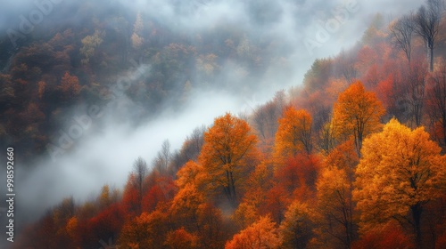 Captivating autumn forest in the Balkan Mountains, Bulgaria, enveloped in fog with a picturesque display of fall colors