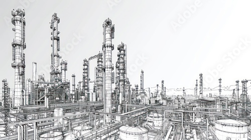 Line drawing depicting an industrial landscape featuring an oil refinery plant, representing the oil industry, with the sky depicted in a separate layer.