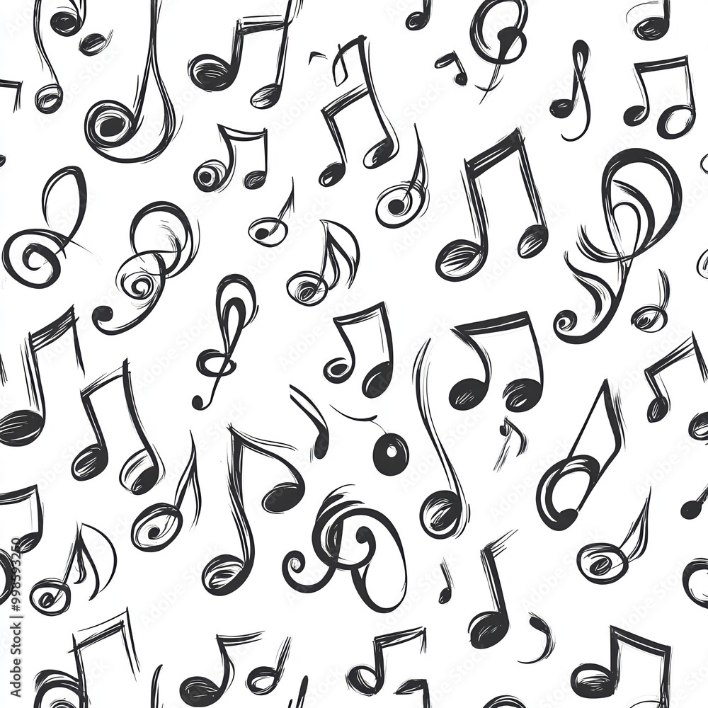 A seamless black and white pattern of various music notes, creating a minimalist and dynamic design that emphasizes the elegance and simplicity of musical notation A seamless black and white pattern of various music notes, creating a minimalist and dynamic design that emphasizes the elegance and simplicity of musical notation