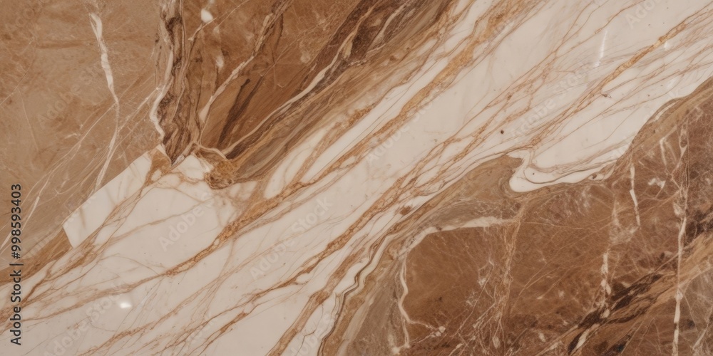 Obraz premium Marble surface with a marbled pattern of light and dark brown hues, featuring a subtle reflection of light on the left side