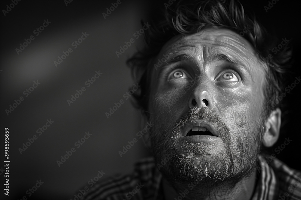 Black and white portrait of a man in his thirties looking up with a shocked and surprised expression. Good looking man with a beard and a dramatic expression. Black and white portrait of a man in his thirties looking up with a shocked and surprised expression. Good looking man with a beard and a dramatic expression.