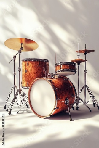 Vintage drum kit with cymbals in sunlight, classic wooden percussion set with stands, musicians equipment, band instruments, musical gear, music passion concept photo