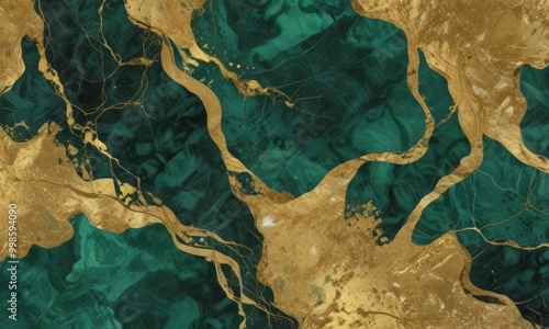 a marble-like pattern with a swirling design of green and gold hues The green marble has a darker shade, while the gold elements create a contrasting effect The pattern