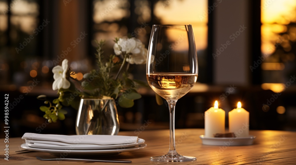 A wine glass with white wine in a sophisticated dining area A wine glass with white wine in a sophisticated dining area