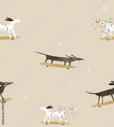 Hand Drawn Seamless Vector Pattern with Crazy Dogs Skateboarding. Cute Dachshund, Black Dog and Dalmatian on a Longboard. Pattern with Funny Dogs on a Beige Background Ideal for Wallpaper. 