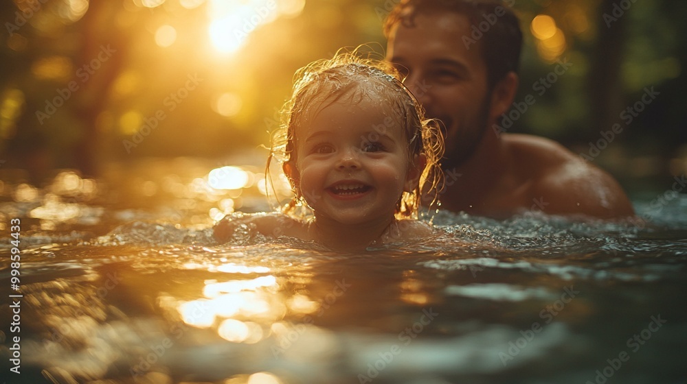 a Happy girl being held by her father in the water, preparing for a joyful jump. a Happy girl being held by her father in the water, preparing for a joyful jump.