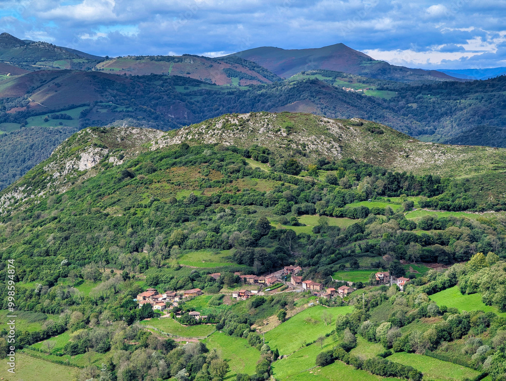 Fototapeta premium Aerial view of Dosango village, Santo Adriano municipality, Asturias, Spain